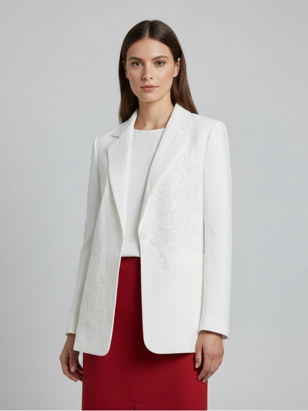 White Embroidered Lapel Blazer - Women's Tailored Jacket